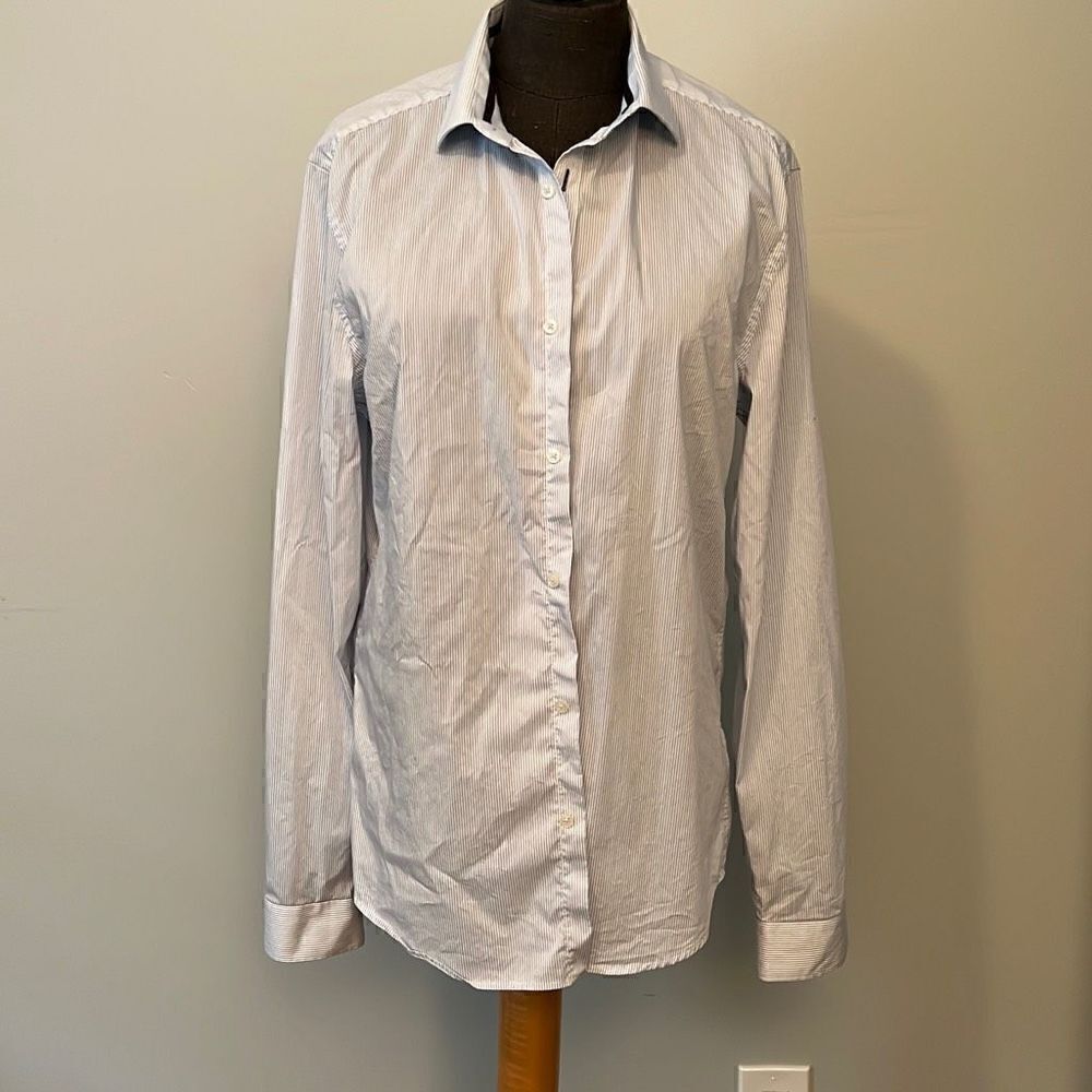 H&M Women's White & Blue Pinstripe Button-Up Long Sleeve Dress Shirt
